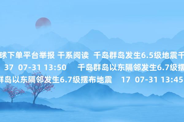 买球下单平台举报 干系阅读  千岛群岛发生6.5级地震千岛群岛发生6.5级地震    37  07-31 13:50     千岛群岛以东隔邻发生6.7级摆布地震千岛群岛以东隔邻发生6.7级摆布地震    17  07-31 13:45     千岛群岛发生6.0级地震千岛群岛发生6.0级地震    17  07-30 23:12     浪潮橙色、风暴潮蓝色警报发布 上海近岸海域将有3到5米巨浪